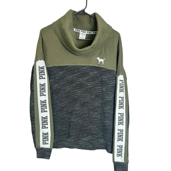 PINK VS Oversized Cowl Neck Pullover M Green Black Logo Sleeve Colorblock - Picture 2 of 11